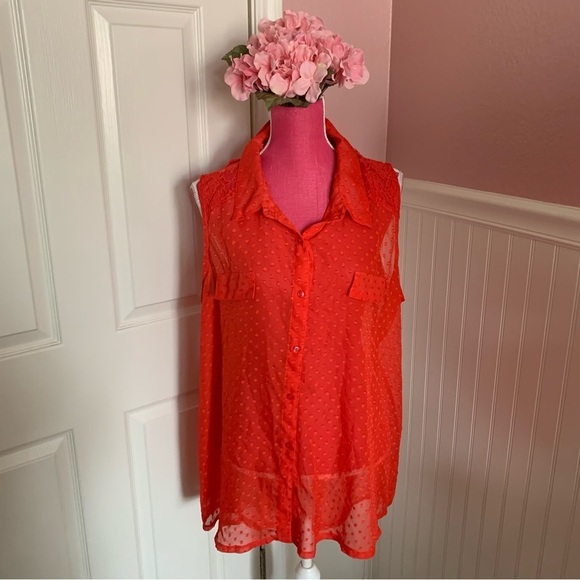 Orange/Red Sleeveless Pont d’Esprit Chiffon and Lace Button Down, size 2X - Picture 1 of 7